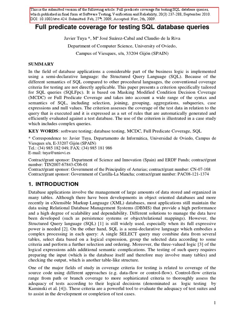 SQL Query Testing with Full Predicate Coverage | PDF | Relational Model ...