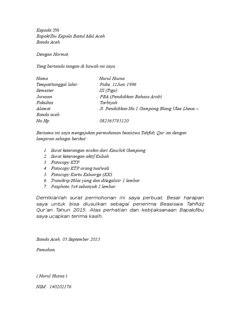 Contoh Surat Permohonan Beasiswa Pdf