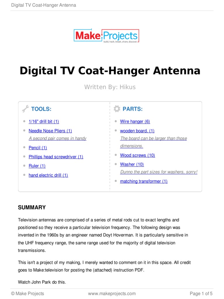 Digital TV CoatHanger Antenna PDF Antenna (Radio) Drill