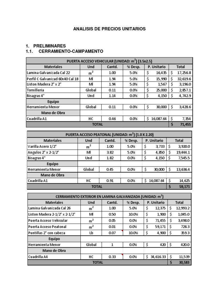 Análisis de Precios Unitarios en Construcción | PDF