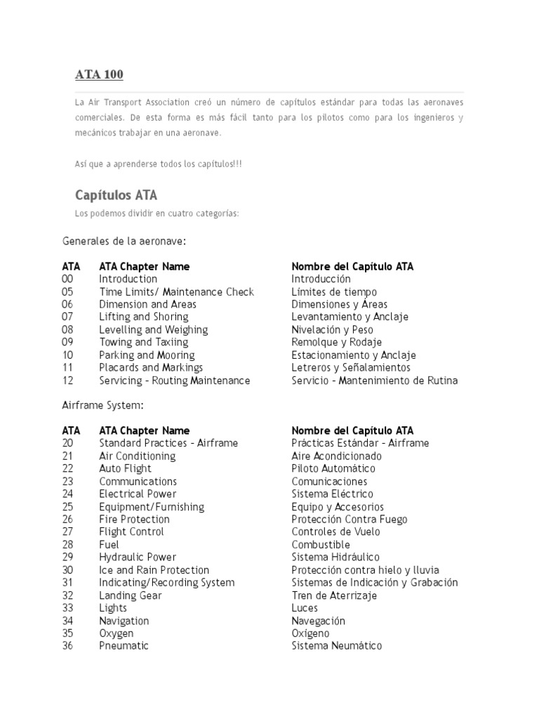 Capítulos del ATA 100 en Aviación | PDF | Vehículos | Aeronáutica
