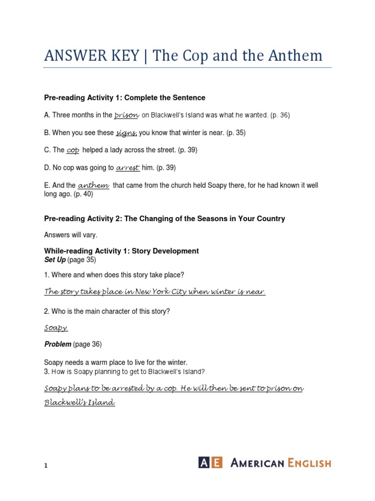 ANSWER KEY - The Cop and The Anthem: Pre-Reading Activity 1: Complete ...