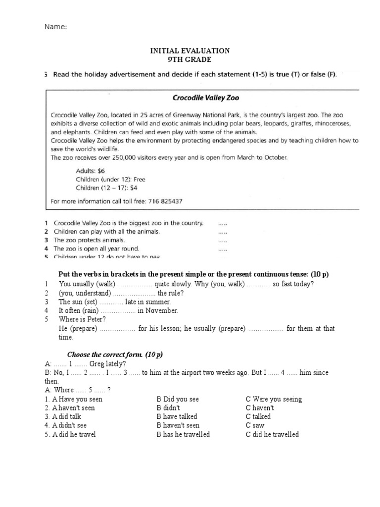 9th Grade English Evaluation Exercise | PDF