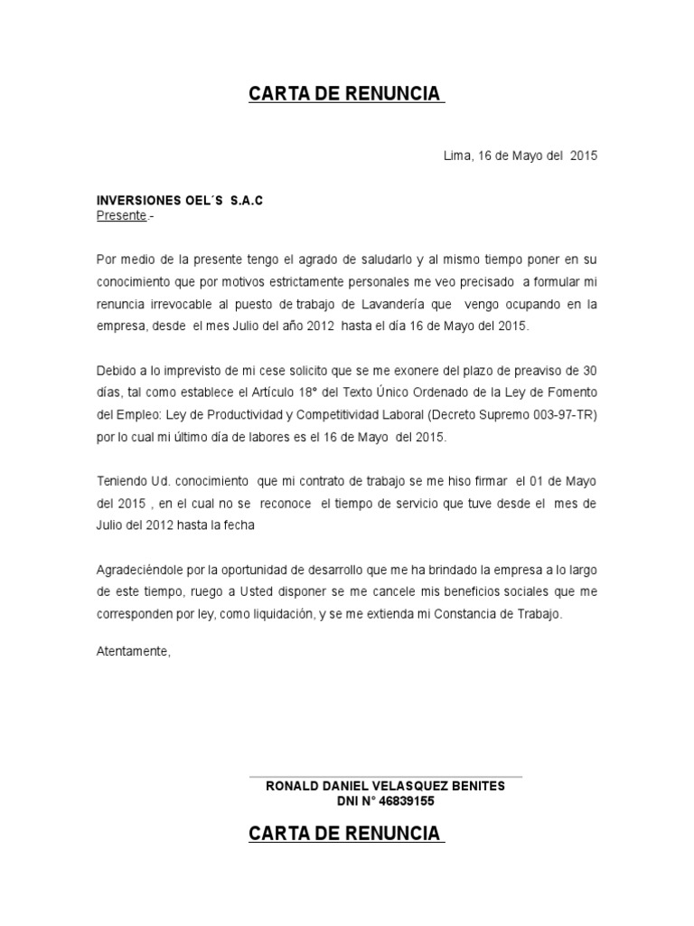 Carta de Renuncia Legal  Liquidación  Lima