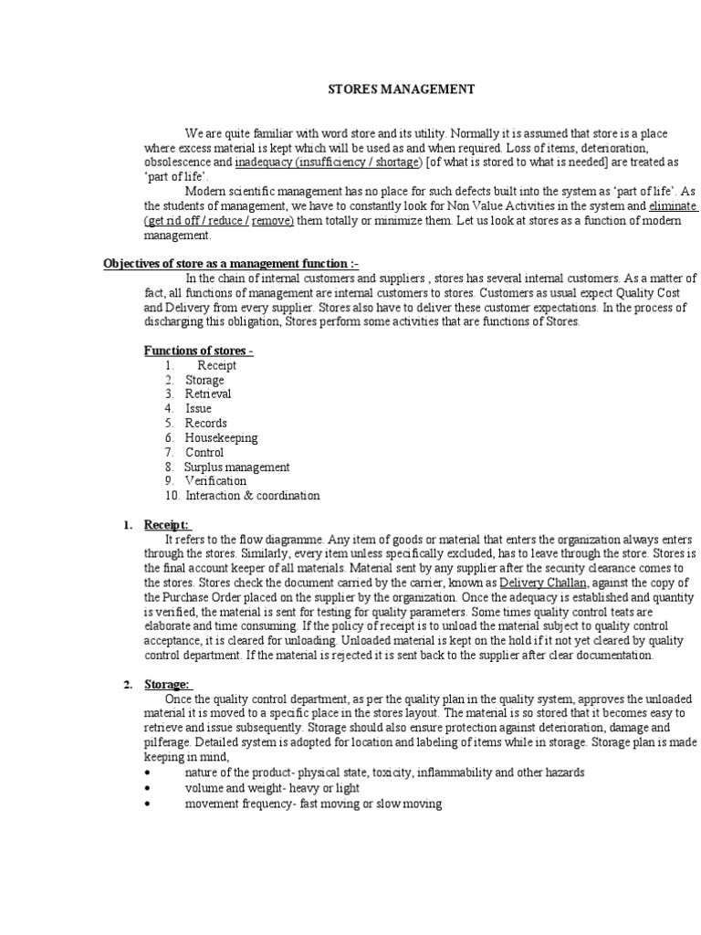 Functions Of Stores Management