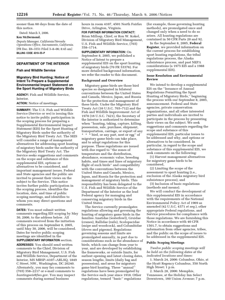 Migratory Bird Hunting EIS Scoping Notice | PDF | Hunting | Government ...