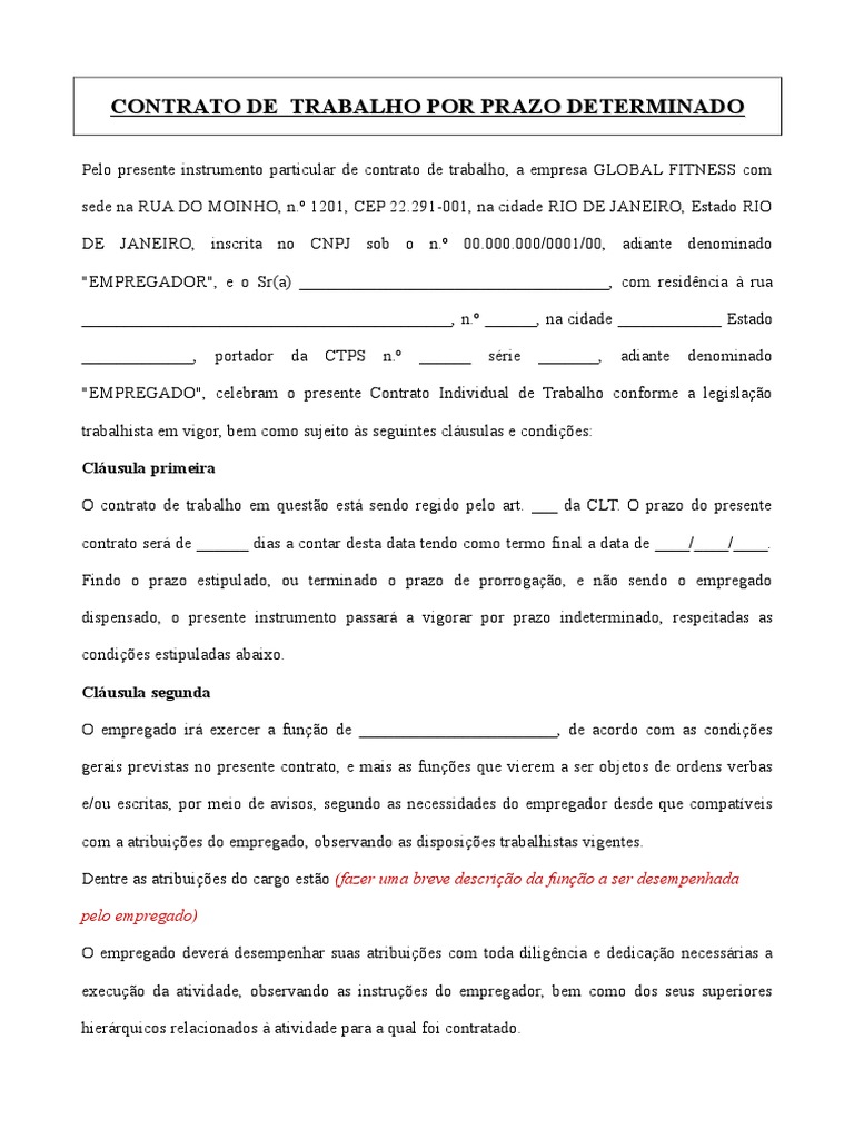 Contrato de Trabalho Por Tempo Determinado PDF Trabalho Temporário Lei Estatutária