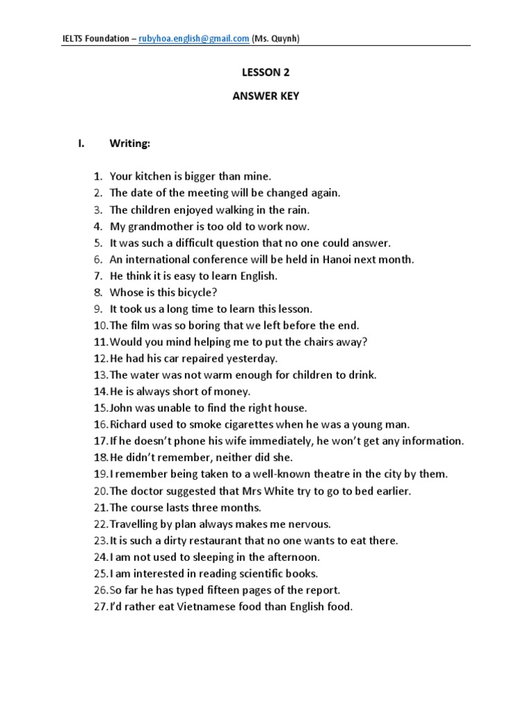Lesson 2 Answer Key: IELTS Foundation - (Ms. Quynh) | PDF | Travel ...