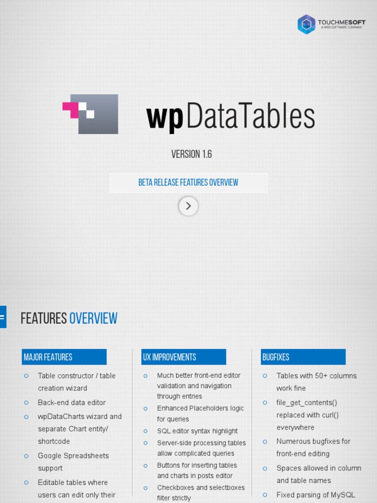 wpDataTables 1.6 Features Overview | PDF | Table (Database) | Word Press