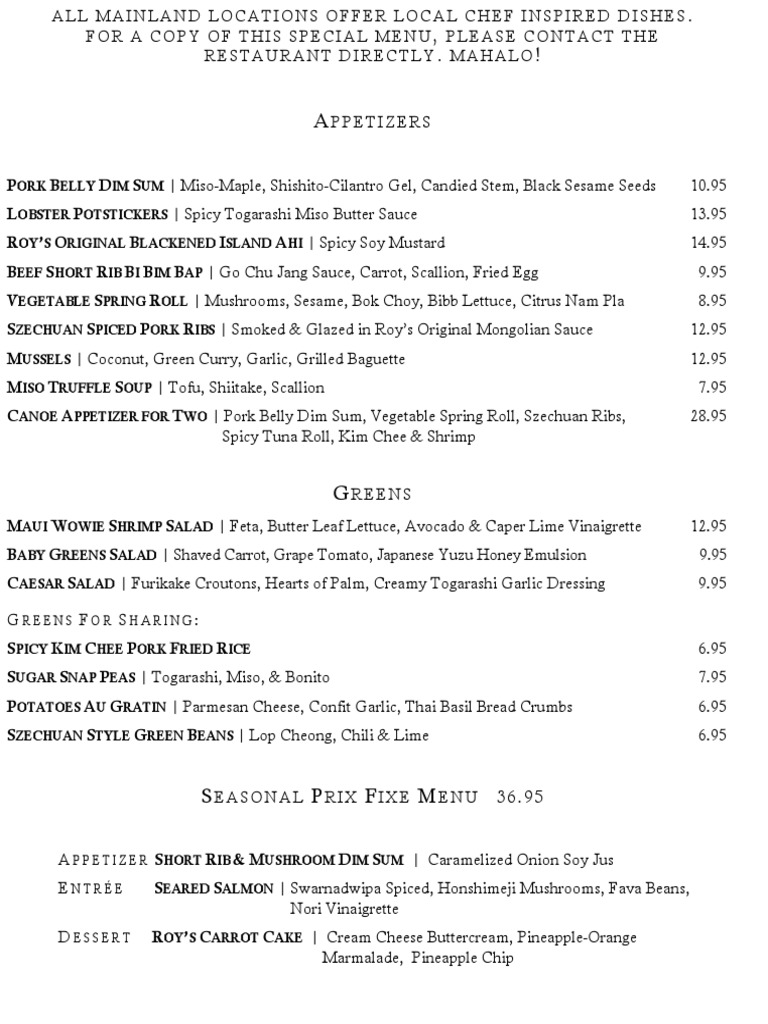 Roy's Restaurant Menu Highlights | PDF | Thai Cuisine | Salad