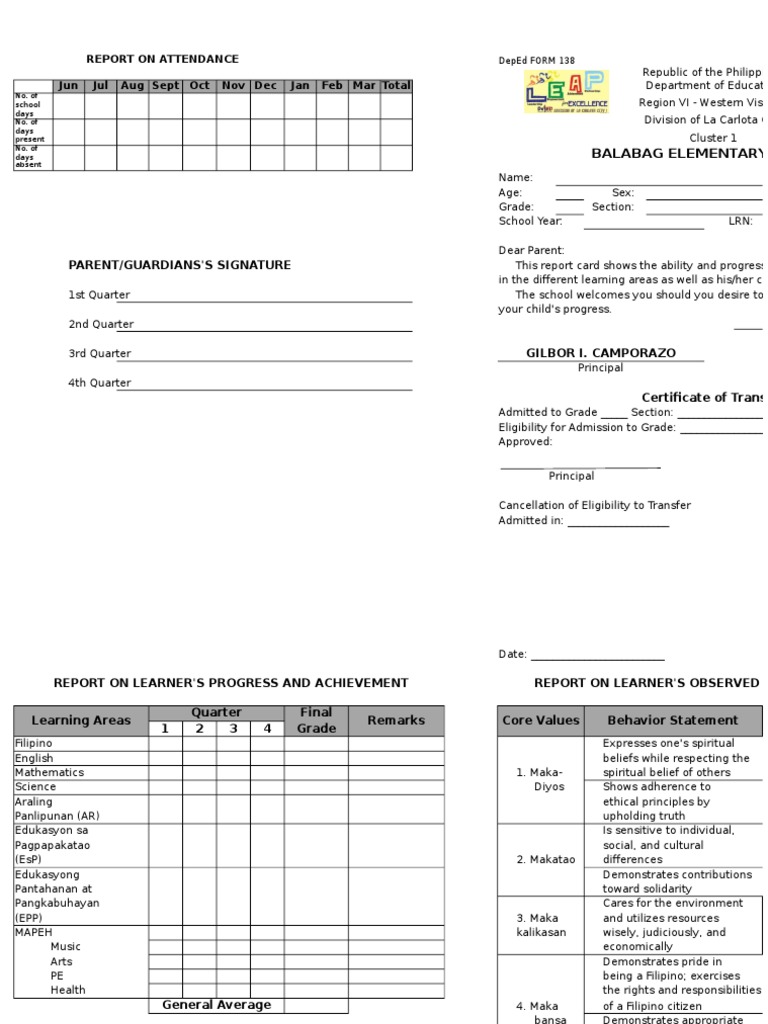Form 138: Student Progress Report | PDF | Psychological Concepts ...