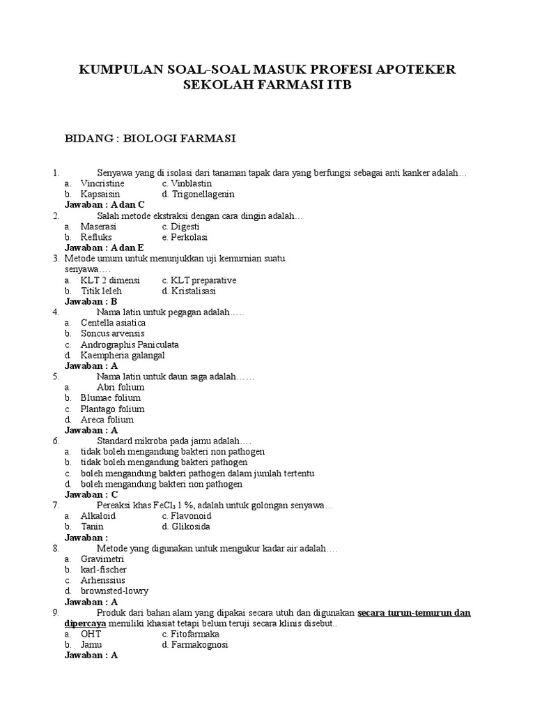 Kumpulan Soal Tes Apoteker Pdf