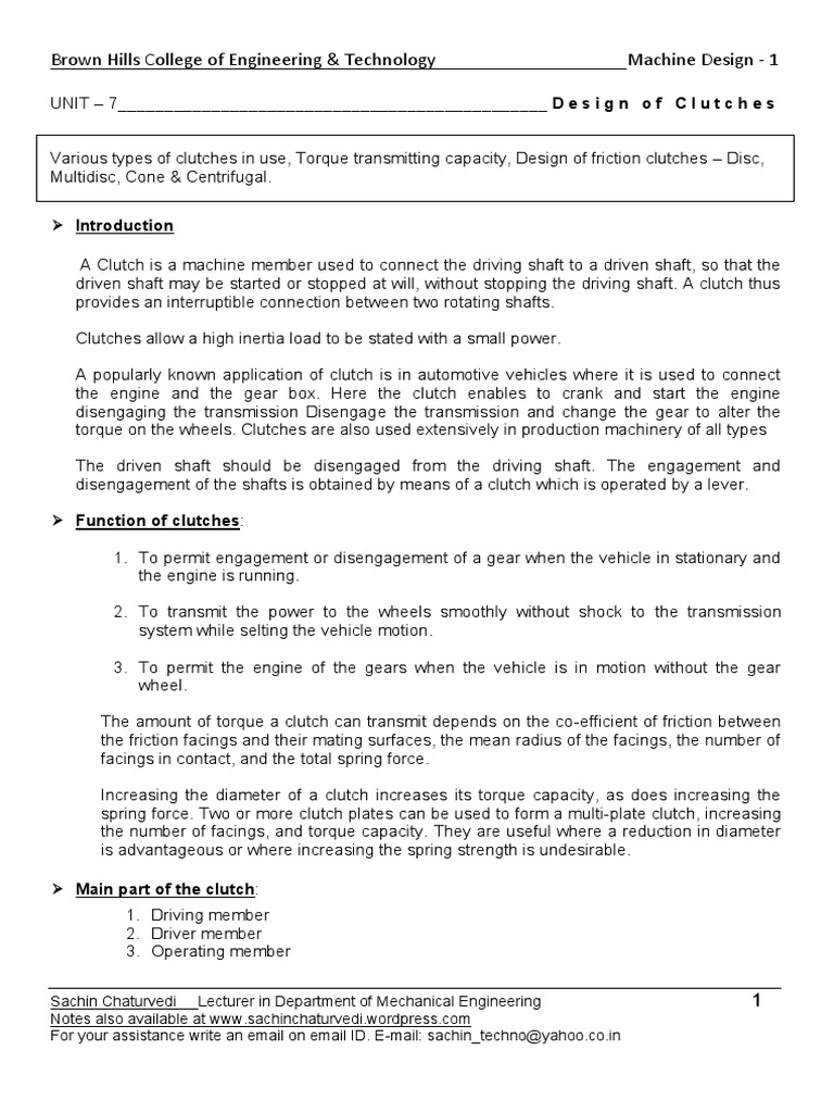 Machine Design Design of Clutches PDF Clutch Transmission