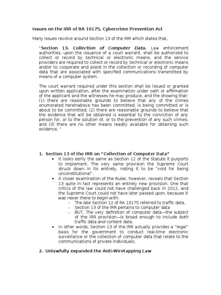 Issues in RA 10175 IRR Section 13 | PDF | Surveillance | Search Warrant