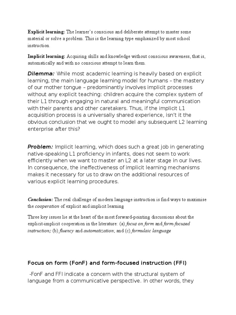 Explicit vs. Implicit Language Learning | PDF | Second Language | Learning