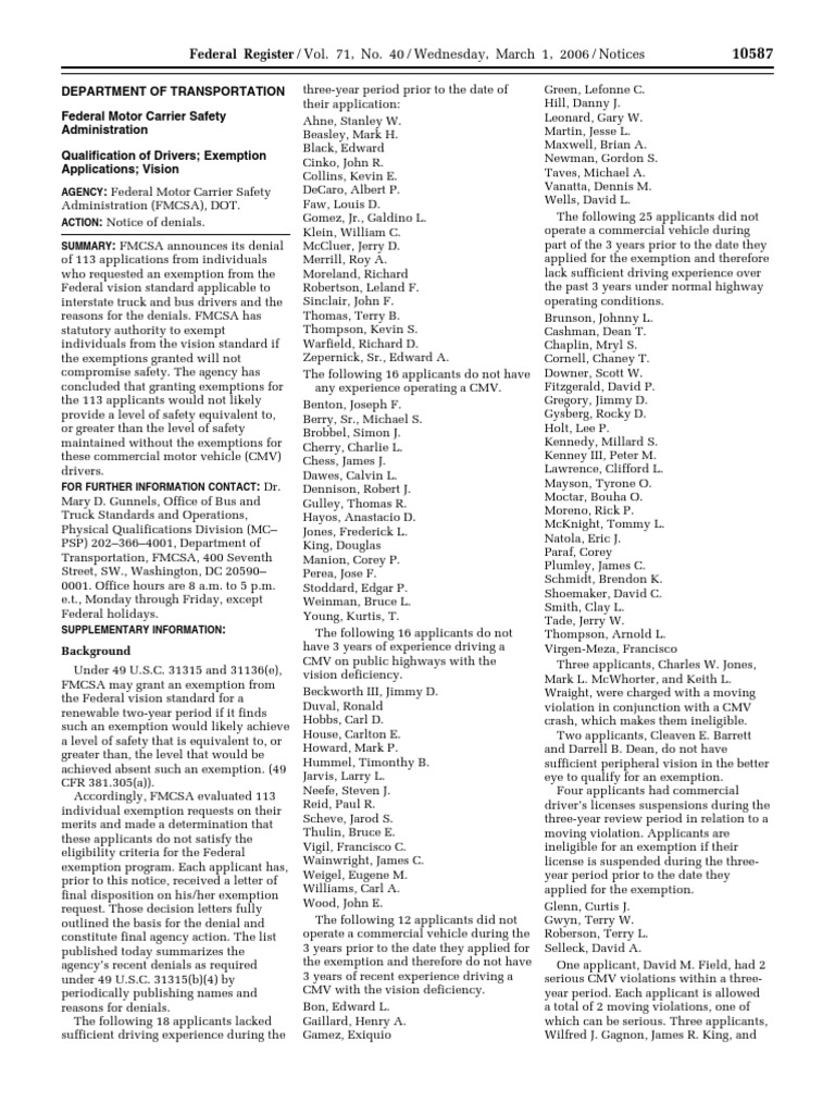 Notice Motor Carrier Safety Standards Driver Qualifications Vision