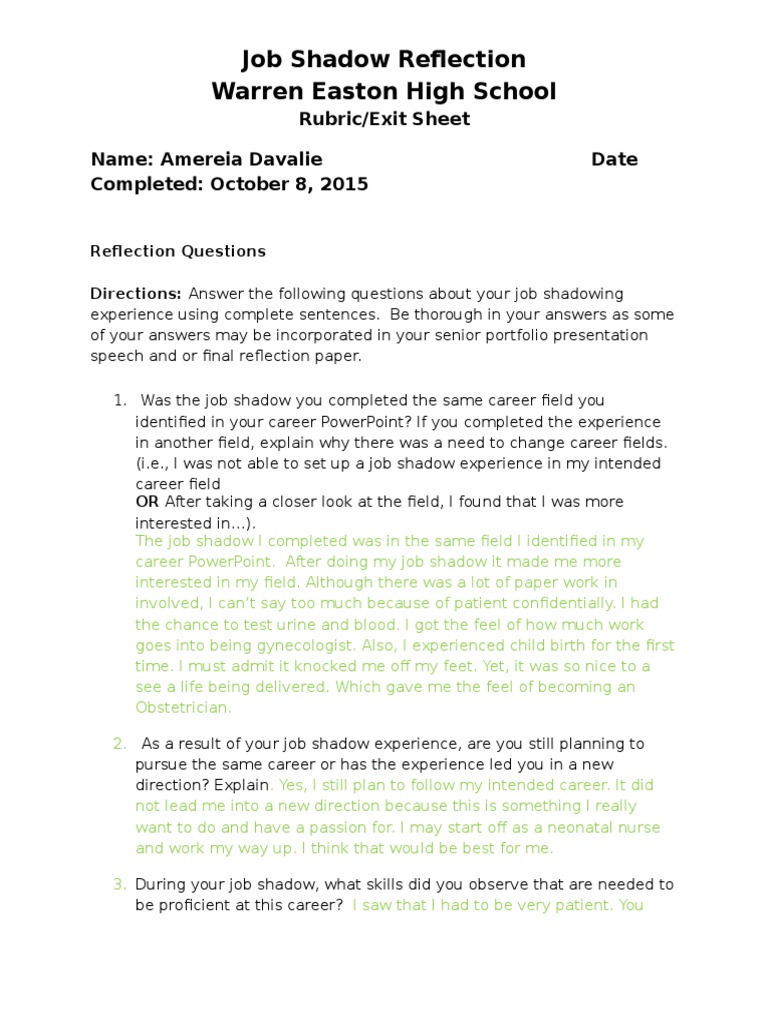 Job Shadow Reflection: OB/GYN Insights | PDF | Mentorship | Nursing