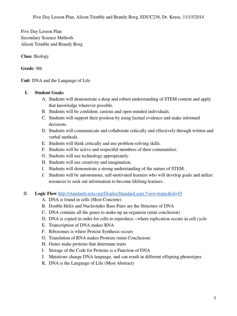 5 Day Lesson Plan PDF Rna Nucleic Acid Sequence