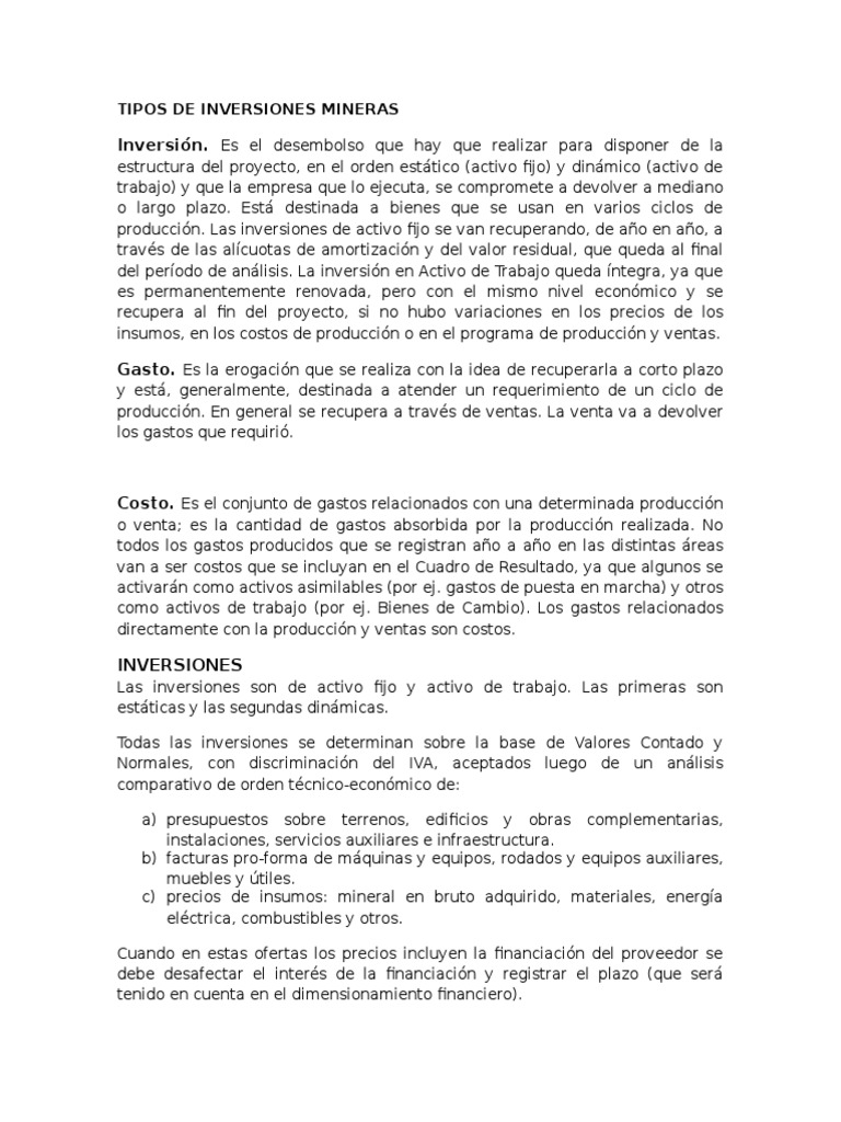 Tipos de Inversiones Mineras y Costos | PDF | Amortización (Negocio ...