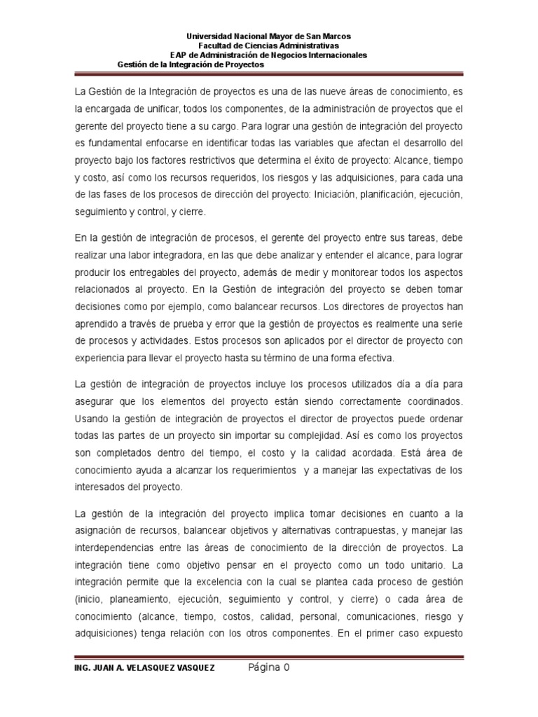 Gestion de Integracion Del Proyecto | PDF | Gestión de proyectos ...