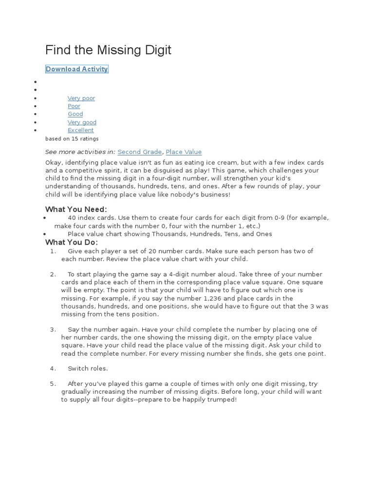 Find The Missing Digit Download Activity Pdf Teaching Mathematics