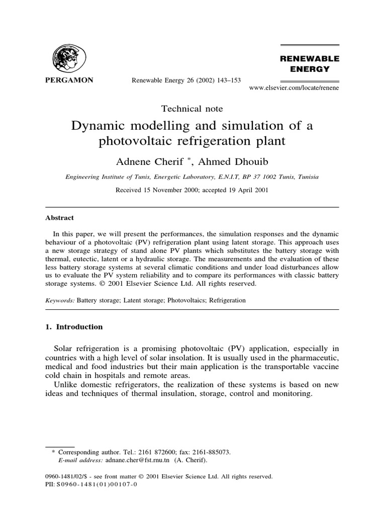 Dynamic Modelling and Simulation of A Photovoltaic Refrigeration Plant ...