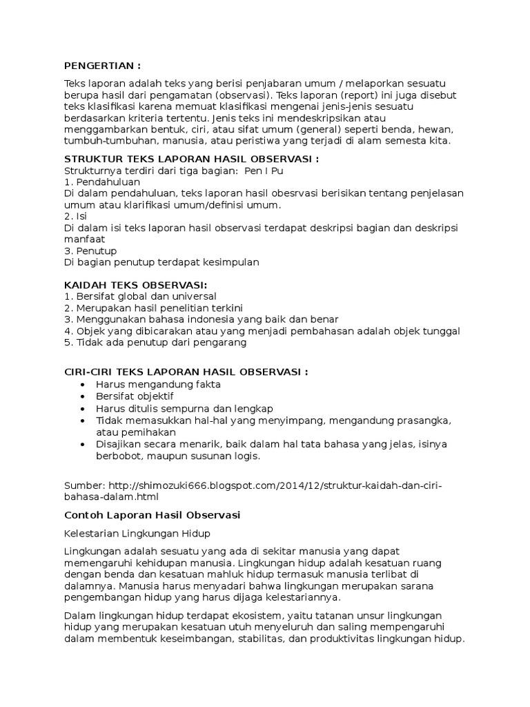 Contoh Teks Laporan Hasil Observasi Dan Strukturnya Berbagi Struktur