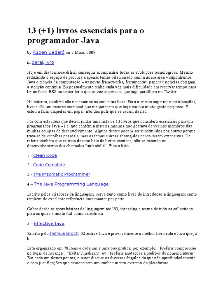 Livros Essenciais para o Programador Java | PDF | Padrão de design de ...