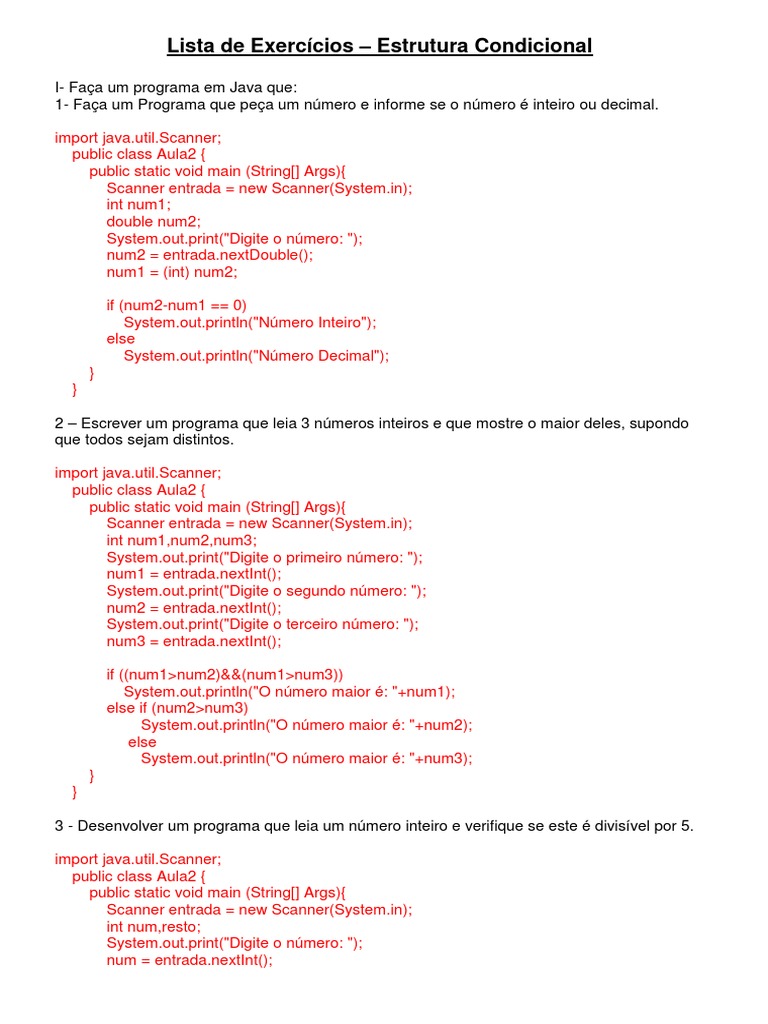 Exercícios de Condicional em Java | PDF | C (linguagem de programação ...