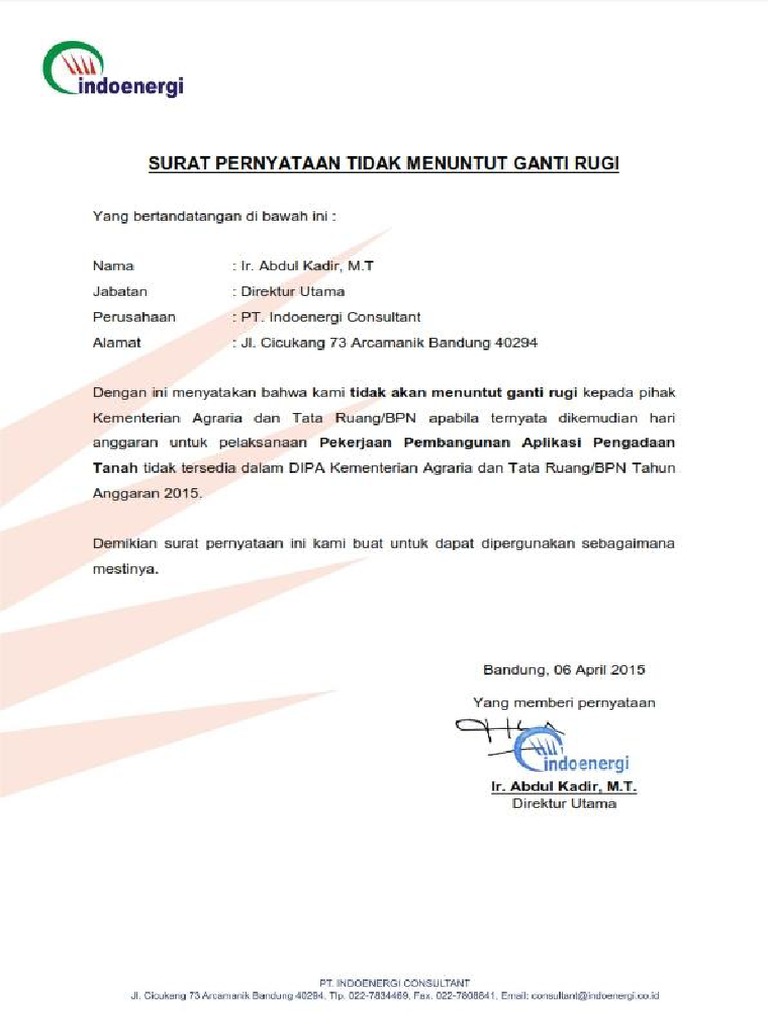 Surat Pernyataan Tidak Menuntut Ganti Rugi Pengadaan Tanah Jabatan dalam Perusahaan.