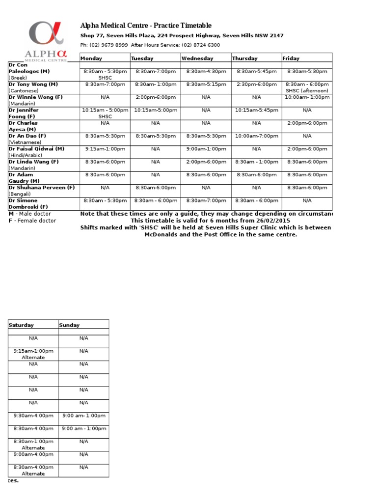 Alpha Medical Centre Timetable | PDF