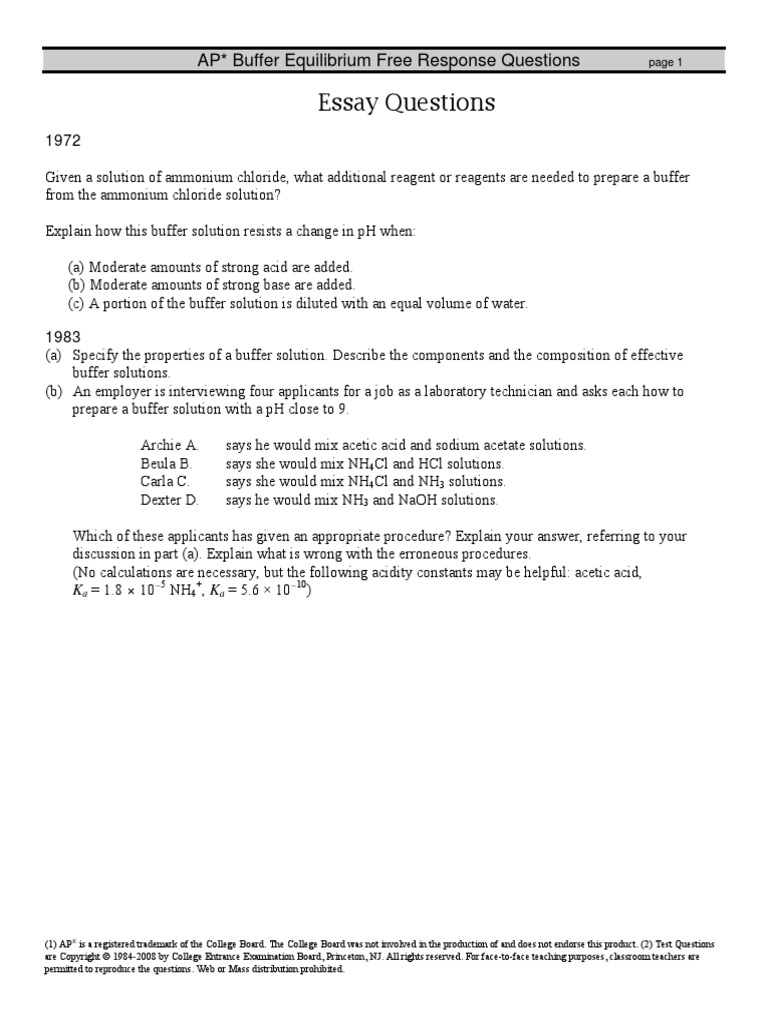 Buffer Equilibrium FR Worksheet PDF Buffer Solution Ph