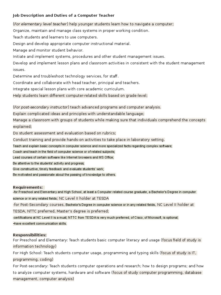 Job description and duties of a computer teacher computer science teachers