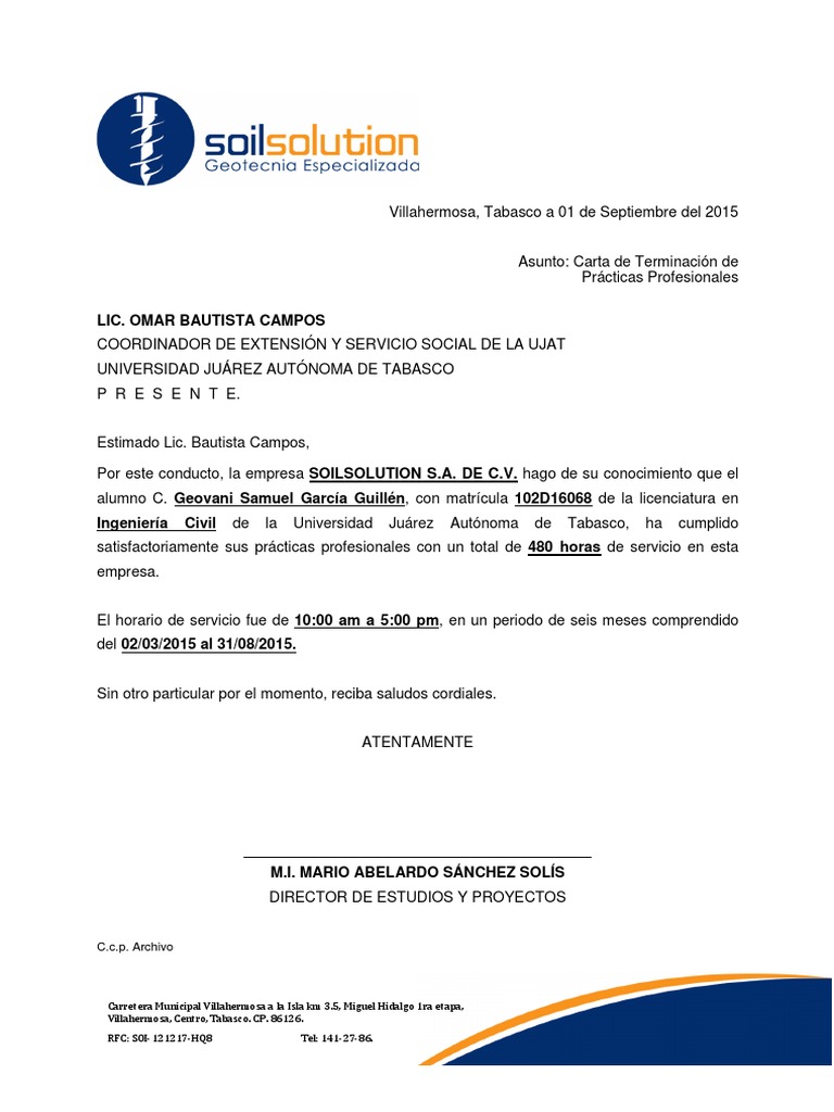 Carta De Terminacion De Practicas Profesionales Ejemplo