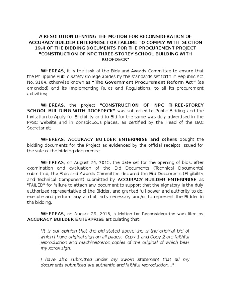 Sample Resolution Denying the Motion for Reconsideration Bidding