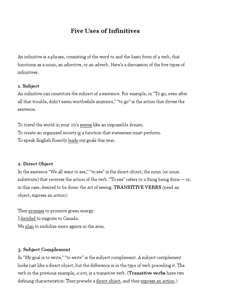 Five Uses of Infinitives Explained | PDF | Career & Growth