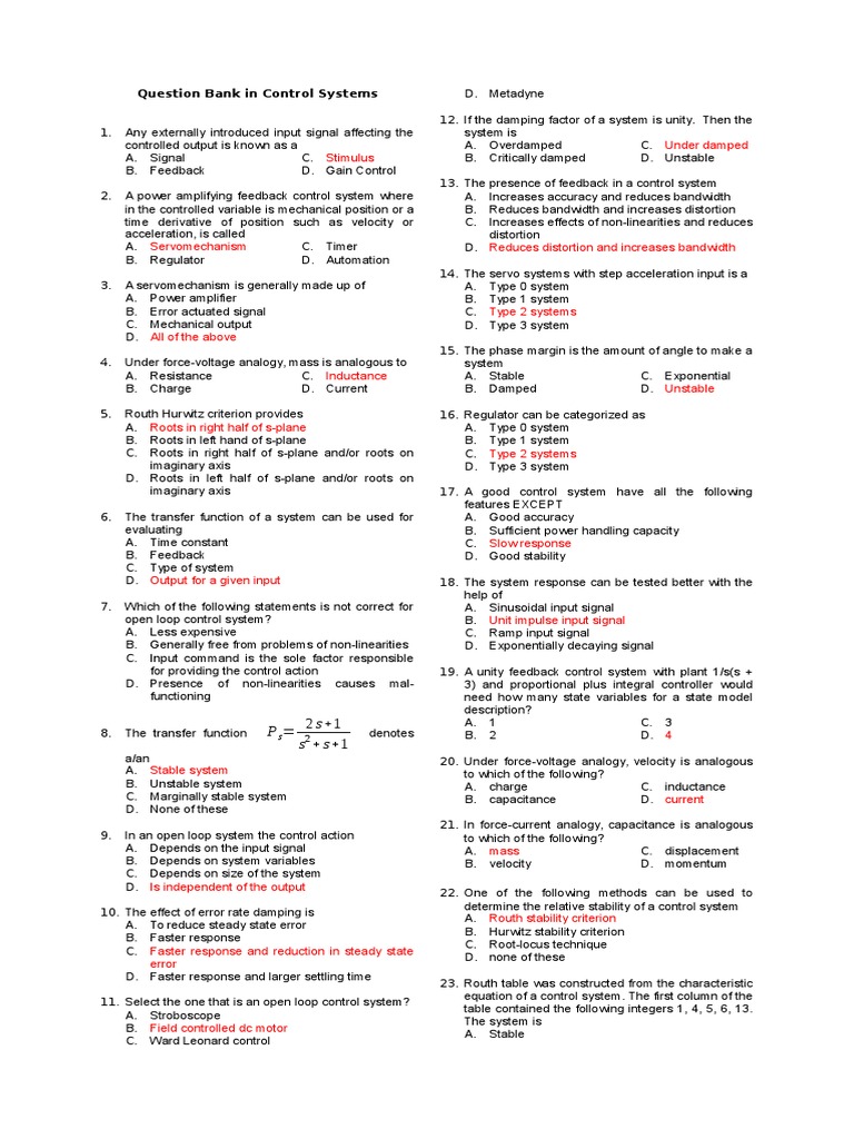 Question Bank in Control Systems PDF Systems Theory
