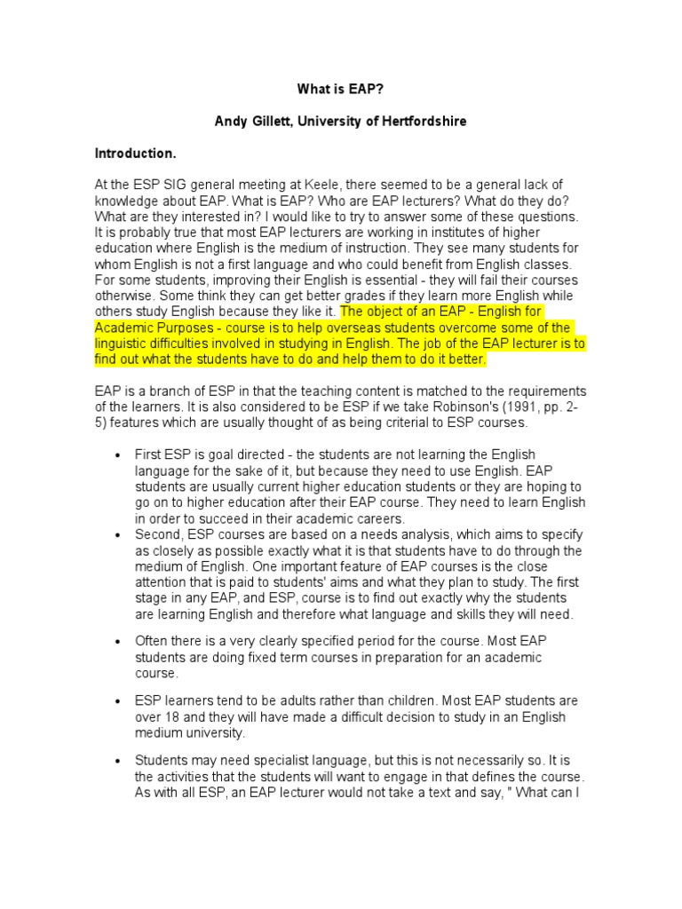 Understanding EAP in Higher Education | PDF | International English ...