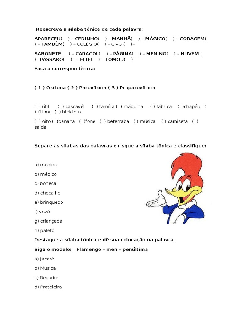 Classifique As Palavras Em Oxitonas Paroxitonas E Proparoxitonas