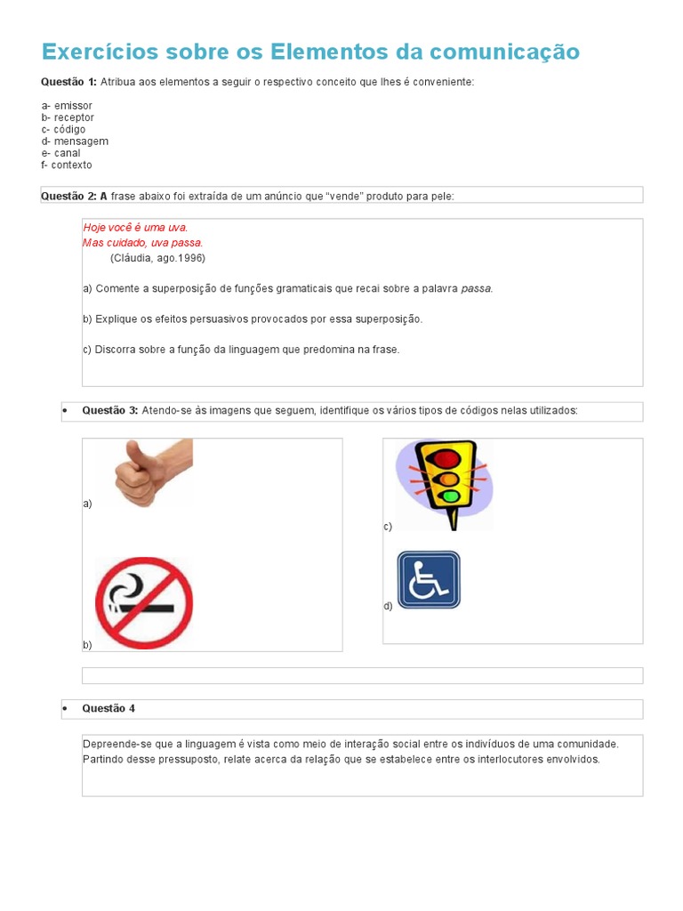 Exercícios Sobre Os Elementos Da Comunicação.doc_1 | Semiótica ...