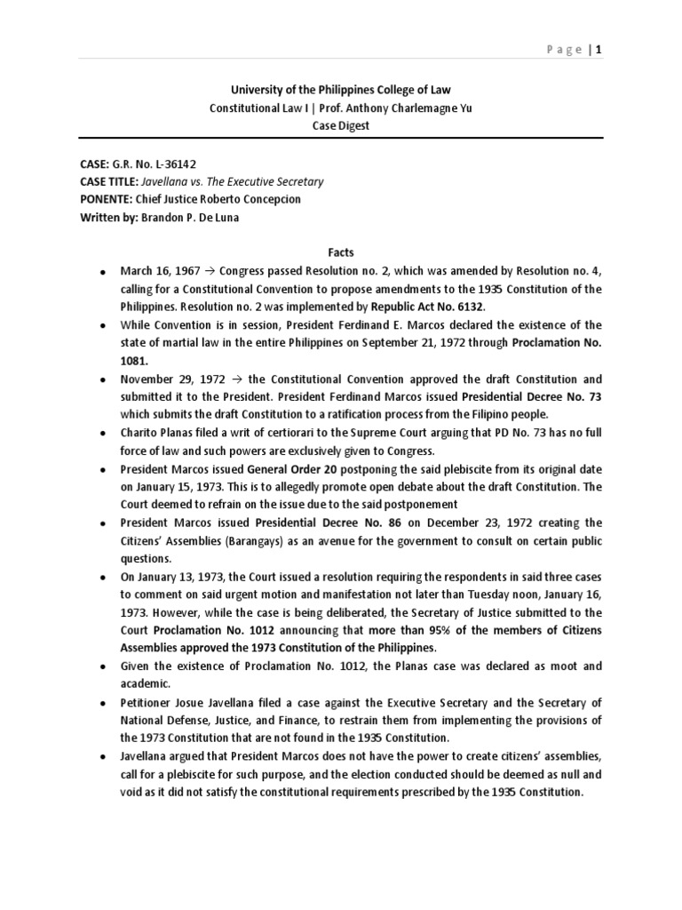 Javellana Vs Executive Secretary PDF Ratification Constitutional Law