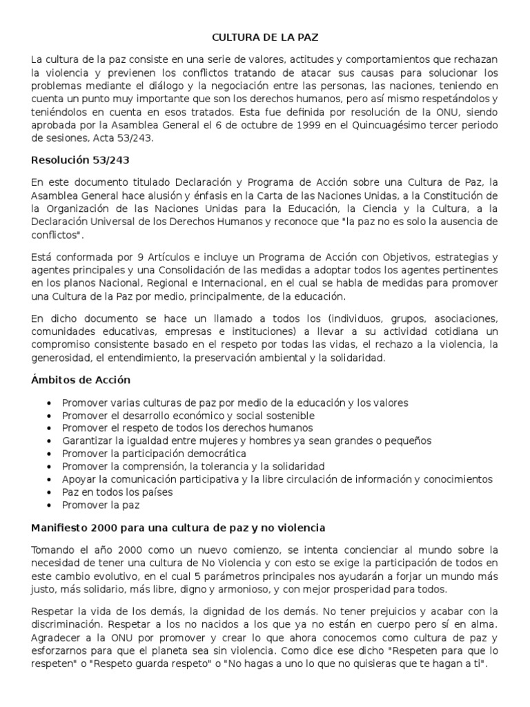 Cultura de La Paz | PDF | Naciones Unidas | Relaciones internacionales