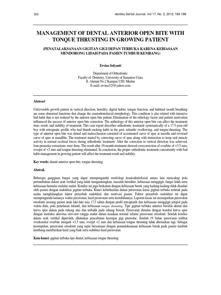 Management of Dental Anterior Open Bite with Tongue Thrusting in a