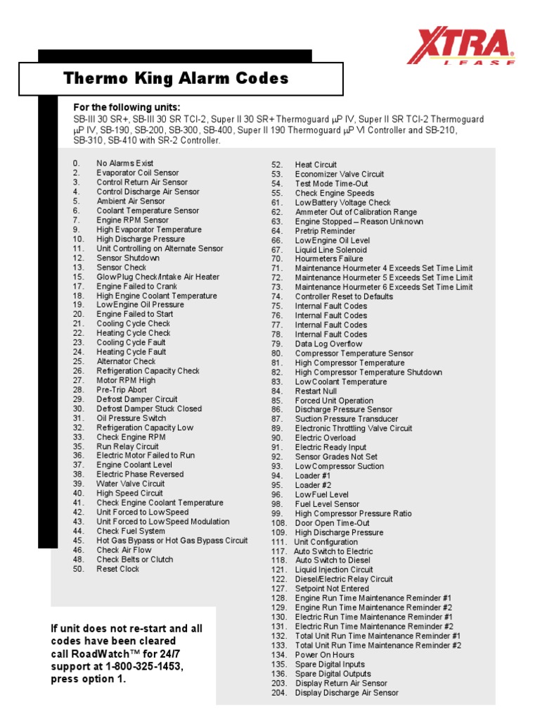 Thermo King Alarm Codes For The Following Units PDF Coolant Engines
