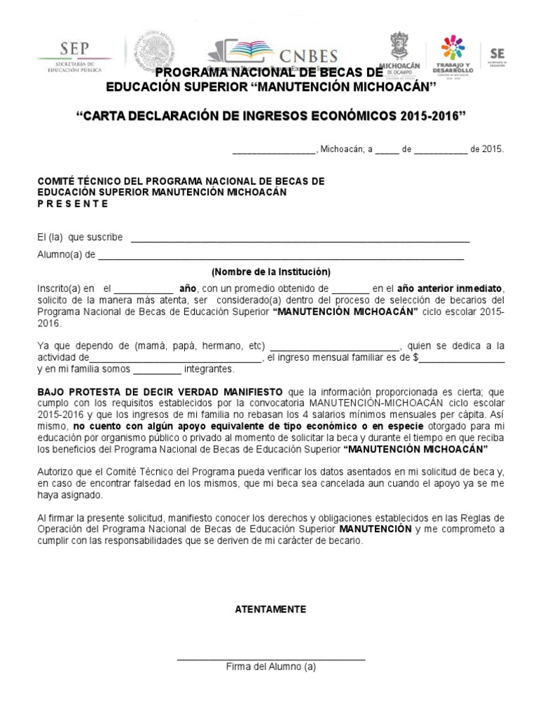 “CARTA DECLARACIÓN DE INGRESOS ECONÓMICOS 20152016”