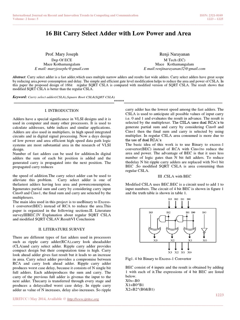 16 Bit Carry Select Adder With Low Power and Area | PDF | Electronic ...