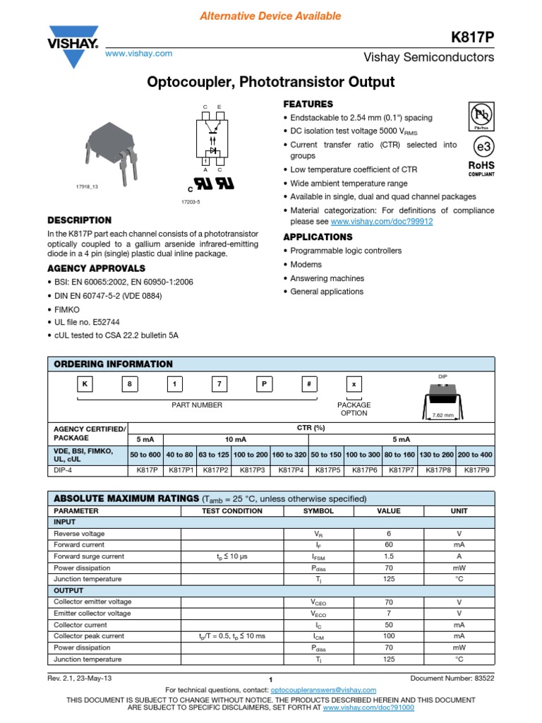 K817P Optocoupler Specifications | PDF | Electrical Engineering ...