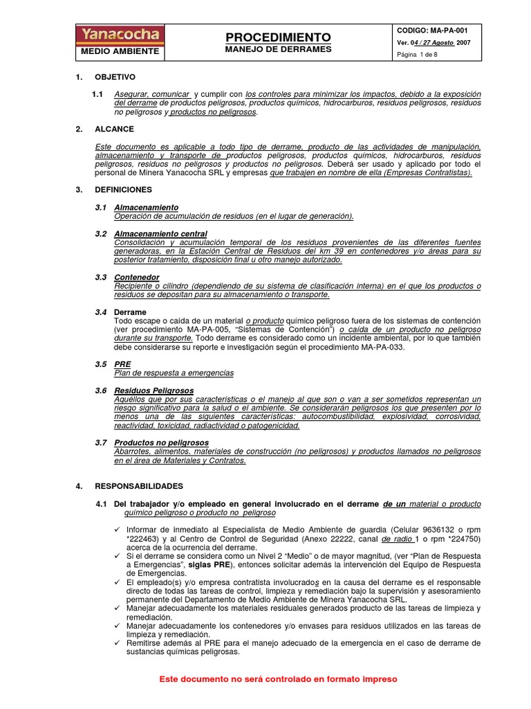 MA PA 001 Manejo de Derrames Ver04 | PDF | Residuos | Sustancias químicas