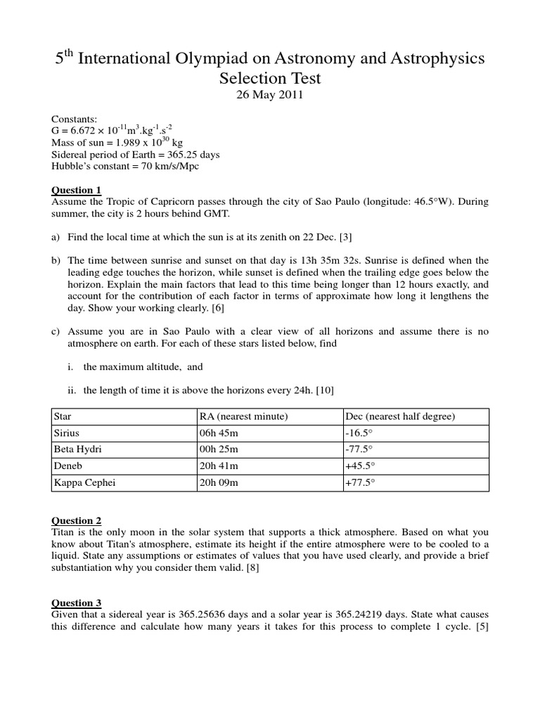 Astronomy Olympiad Test | PDF | Astronomical Unit | Stars