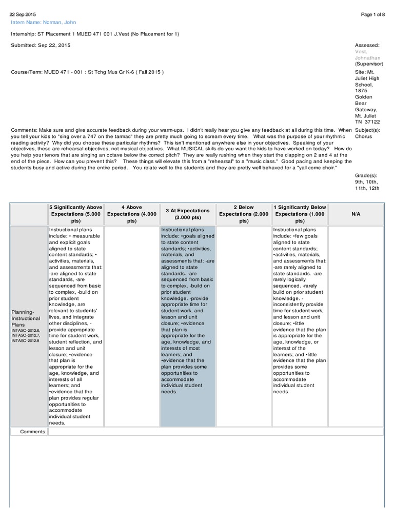 S T Assessment by U S - Placement 1 - Observation 2 Rev 14-15 | PDF ...